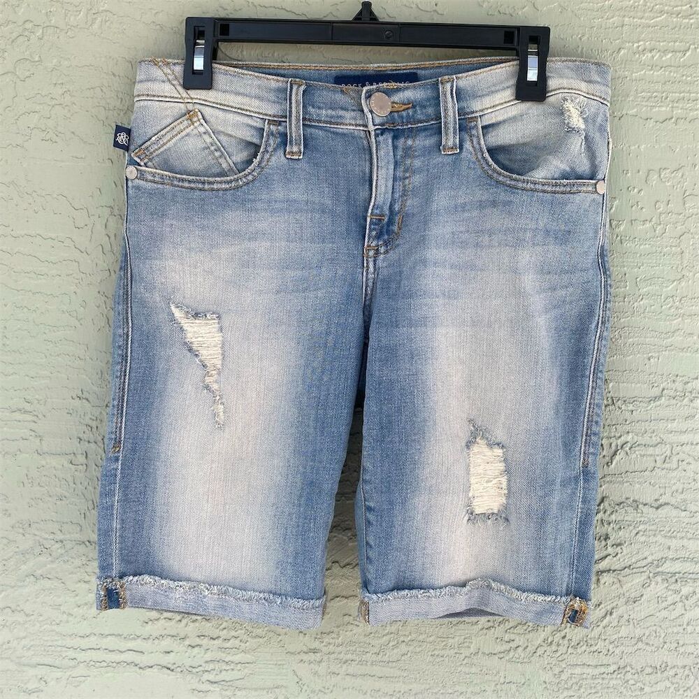 Rock & Republic Women's Distressed Denim Bermuda Shorts Size 6 Blue